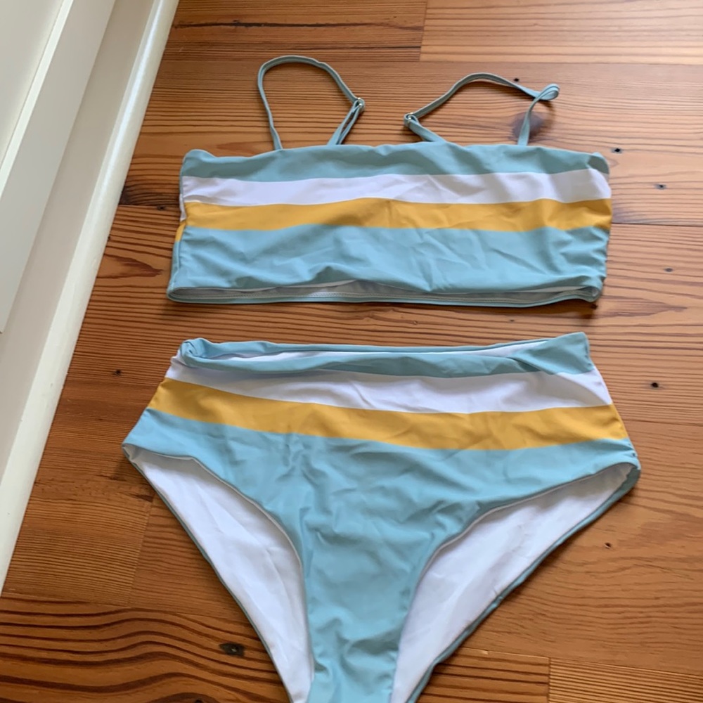 Blue and yellow stripe bikini
